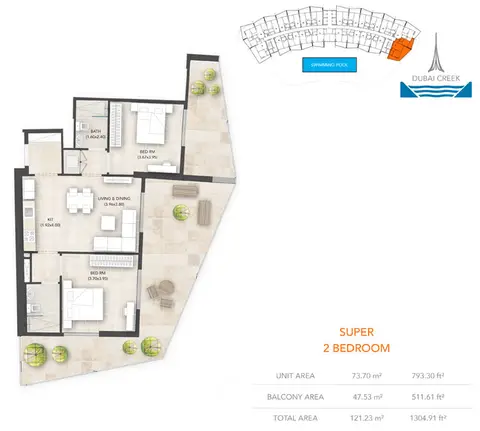 Binghatti Avenue: Floor plan 2-Bedroom, Super, Size-1304.91 sq.ft, 1,305 sq ft
