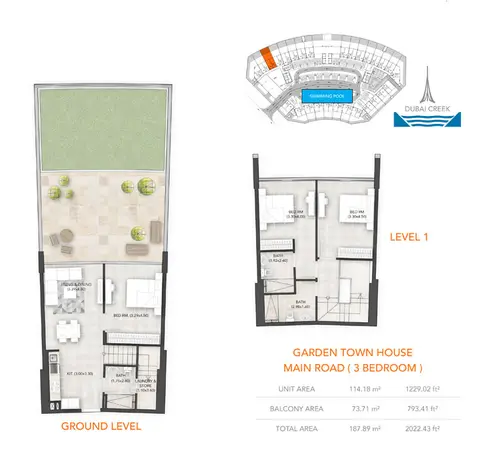 Binghatti Avenue: Floor plan 3-Bedroom, Ground-Level, Level-1, Size-2022.43 sq.ft, 2,022 sq ft