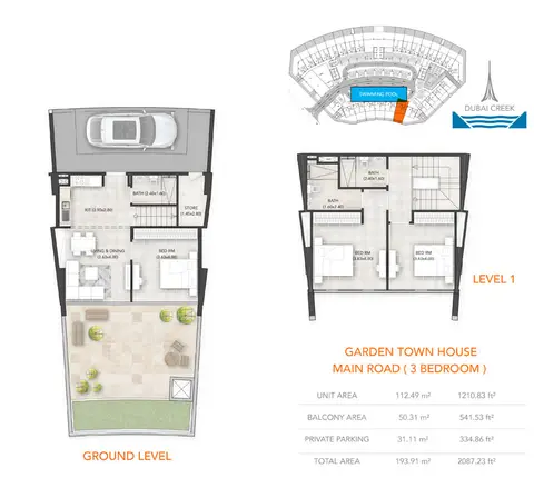 Binghatti Avenue: Floor plan 3-Bedroom, Ground-Level, Level-1, Size-2087.23 sq.ft, 2,087 sq ft