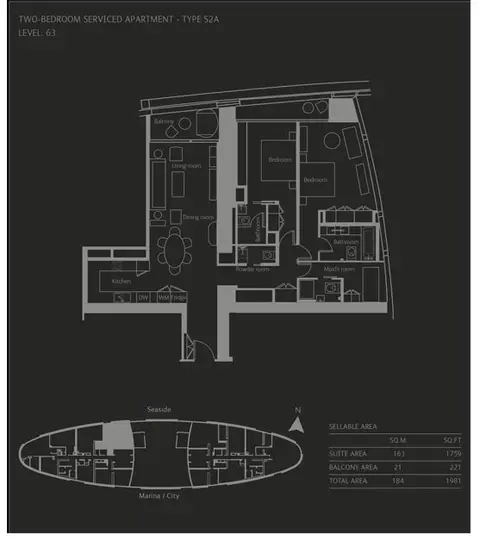 The Address Residences: Type-S2A,-2-Bed,-Area-1981-sq.ft, 1,981 sq ft 户型图