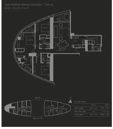 The Address Residences: Type-S3A,-3-Bed,-Area-1898-1908-sq.ft, 1,908 sq ft 户型图