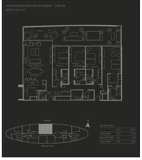 The Address Residences: Type-S4B,-4-Bed,-Area-3641-sq.ft, 3,641 sq ft 户型图