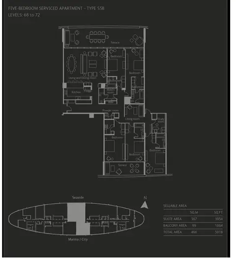 The Address Residences: Type-S5B,-5-Bed,-Area-5018-sq.ft, 5,018 sq ft 户型图