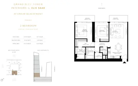 Elie Saab Tower: Floor plan 2 Bedroom Unit 1, Level 2 to 9, Size 1311 Sq Ft, 1,311 sq ft