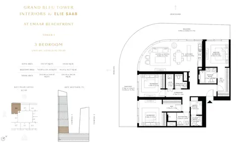 Elie Saab Tower: Floor plan 3 Bedroom Unit 4, Level 2 to 9, Size 2413 Sq Ft, 2,413 sq ft