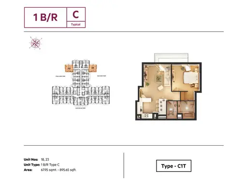 Azizi Roy Mediterranean: Floor plan 1BR,Type C, Size 895.65 Sq.ft, 896 sq ft