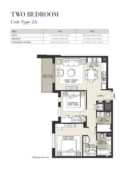 Hayat Boulevard: Floor plan 2 Bedroom, Unit Type 2A, Size 934 Sq Ft, 934 sq ft