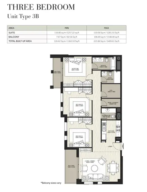 Hayat Boulevard: Floor plan 3 Bedroom, Unit Type 3B, Size 1362 Sq Ft, 1,362 sq ft