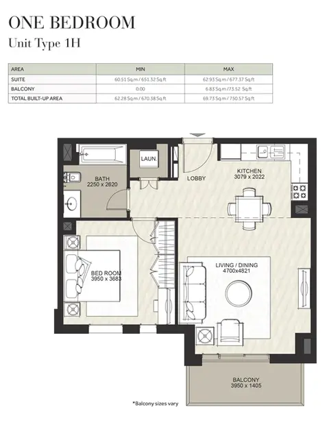 Hayat Boulevard: Floor plan 1 Bedroom, Unit Type 1H, Size 670 Sq Ft, 670 sq ft