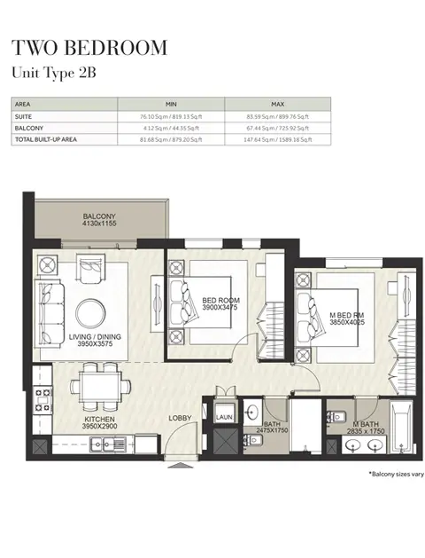 Hayat Boulevard: Floor plan 2 Bedroom, Unit Type 2B, Size 879 Sq Ft, 879 sq ft
