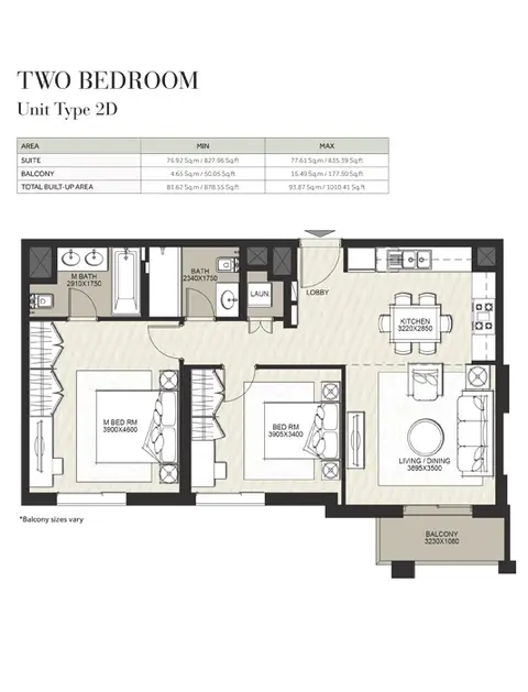 Hayat Boulevard: Floor plan 2 Bedroom, Unit Type 2D, Size 878 Sq Ft, 878 sq ft