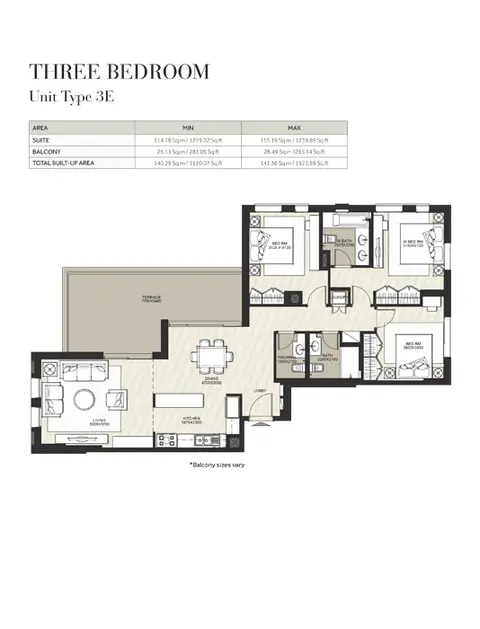 Hayat Boulevard: Floor plan 3 Bedroom, Unit Type 3E, Size 1510 Sq Ft, 1,511 sq ft