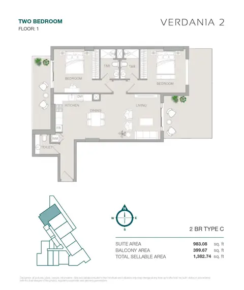 VERDANIA 2 at DLRC: Plattegrond TYPE C, 1,383 sq ft