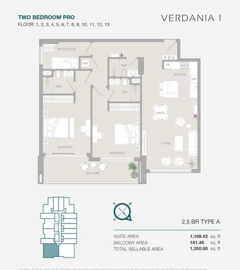 VERDAN1A at DLRC: Floor plan Type A, 1,351 sq ft