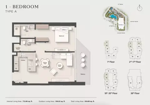 Altiera Heights: Floor plan Type A, 819 sq ft