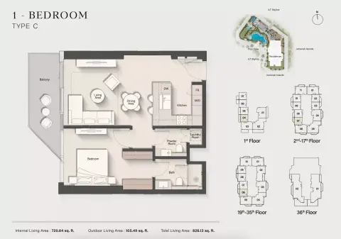 Altiera Heights: Floor plan Type C, 826 sq ft