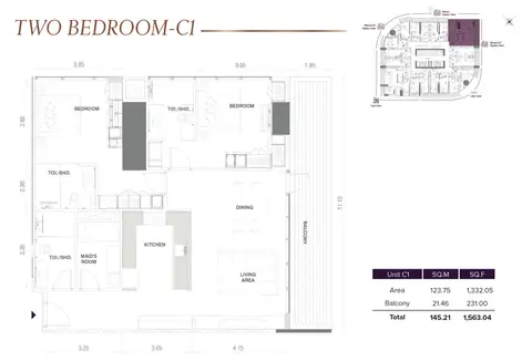 إم بي إل سيغنتشر جي إل تي: مخطط الطابق TWO BEDROOM-C1, 1,563 sq ft