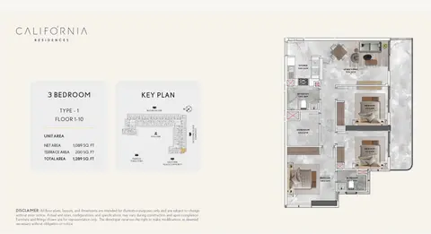 California Residences: Floor plan TYPE - 1, 1,289 sq ft