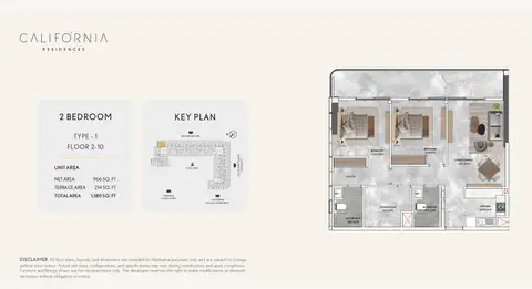California Residences: Floor plan TYPE - 1, 1,180 sq ft