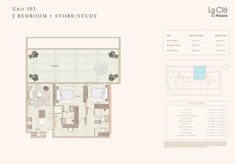 La Cle at Al Furjan: Plan Unit 102, 1,942 sq ft