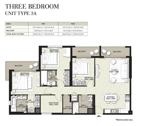 Rawda Apartments: Floor plan 3 Bedroom-UT-3A, 2,005 sq ft