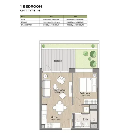 Liva Apartments: फ़्लोर प्लान Type 1-B, 794 sq ft