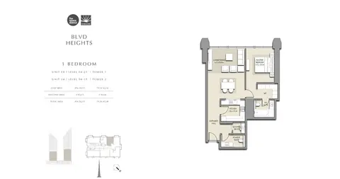 BLVD Heights: Floor plan 1 Bedroom Unit 04 Tower 1, Unit 04 Tower 2, Size 836 sq ft, 836 sq ft