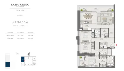 كريك إيدج: مخطط الطابق 3 Bedroom Tower 1 Unit 09 Level 3-18 Size 1645 sq.ft, 1,645 sq ft