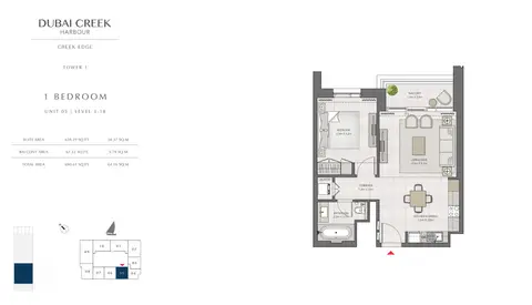 كريك إيدج: مخطط الطابق 1 Bedroom Tower 1 Unit 05 Level 3-18 Size 690 sq.ft, 690 sq ft