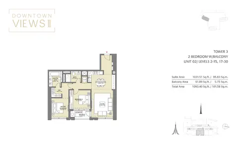 Downtown Views: Floor plan Tower 3, 2 Bedroom Unit 02, Size 1093 Sq Ft, 1,093 sq ft