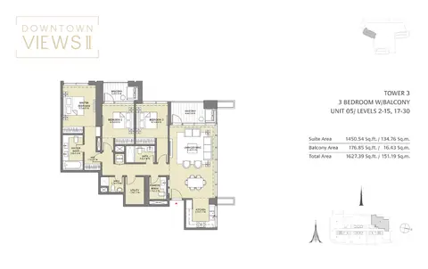 Downtown Views: Floor plan Tower 3, 3 Bedroom Unit 05, Size 1627 Sq Ft, 1,627 sq ft