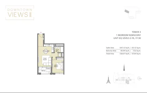 Downtown Views: Floor plan Tower 3, 1 Bedroom Unit 03, Size 728 Sq Ft, 728 sq ft