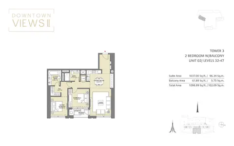 Downtown Views: Floor plan Tower 3, 2 Bedroom Unit 02, Size 1098 Sq Ft, 1,098 sq ft