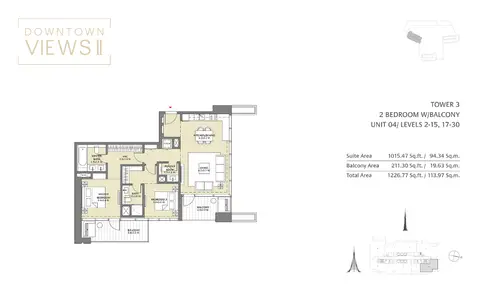 Downtown Views: Floor plan Tower 3, 2 Bedroom Unit 04, Size 1226 Sq Ft, 1,226 sq ft