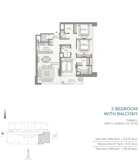 Creek Gate Apartments: Plan Floor-Plan-3BR T1 U3, 1,490 sq ft