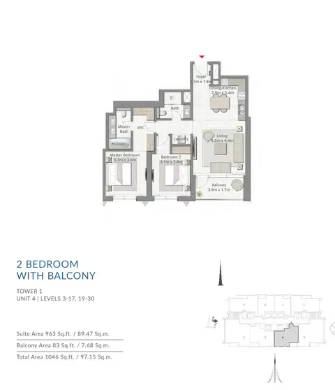 Creek Gate Apartments: Plan Floor-Plan-2BR T1 U4, 1,046 sq ft