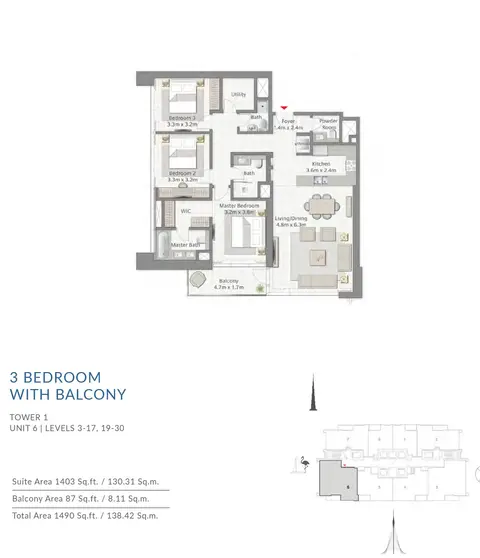 Creek Gate Apartments: Plan Floor-Plan-3BR T1 U6, 1,490 sq ft