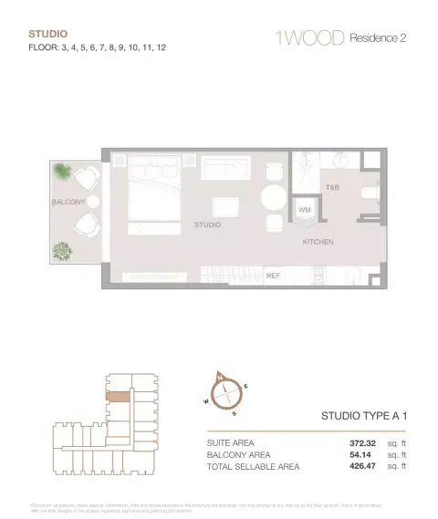 1WOOD Residence Phase 2: Floor plan Type A1, 426 sq ft