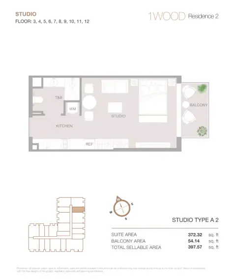 1WOOD Residence Phase 2: Floor plan Type A2, 397 sq ft