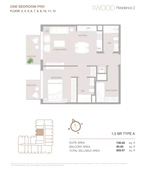 1WOOD Residence Phase 2: Floor plan Type A, 829 sq ft