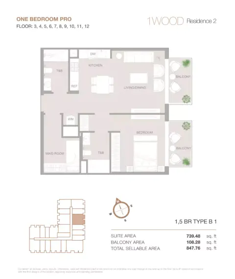 1WOOD Residence Phase 2: Floor plan Type B1, 847 sq ft