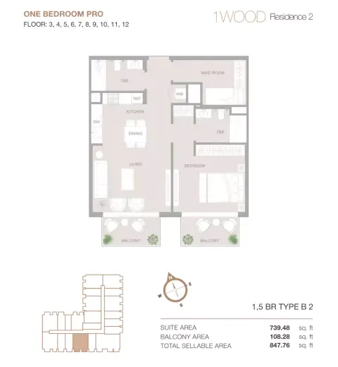 1WOOD Residence Phase 2: Floor plan Type B2, 847 sq ft