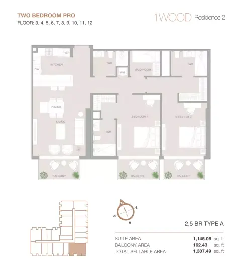 1WOOD Residence Phase 2: Floor plan Type A, 1,307 sq ft