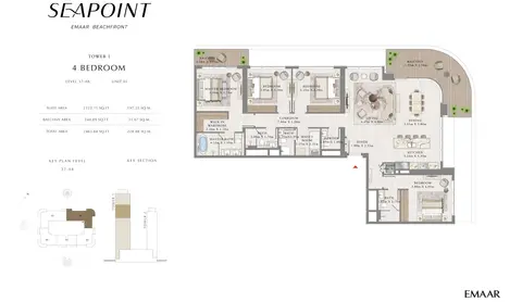 Seapoint Emaar Beachfront: Floor plan Unit 1, Level 37-48, 2,464 sq ft