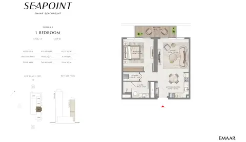 Seapoint Emaar Beachfront: Floor plan Unit 1, Level 19, 764 sq ft