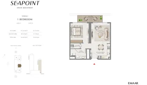 Seapoint Emaar Beachfront: Floor plan Unit 1, Level 2, 764 sq ft