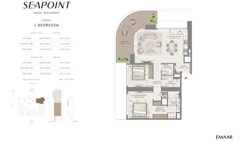 Seapoint Emaar Beachfront: Floor plan Unit 1, Level 25-34, 1,360 sq ft