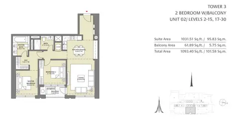 Downtown Views II: مخطط الطابق 2BD-W-B-U2-L2-15-17-30, 1,093 sq ft