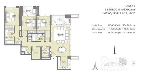 Downtown Views II: مخطط الطابق 3BD-W-B-U5-L2-15-17-30, 1,627 sq ft