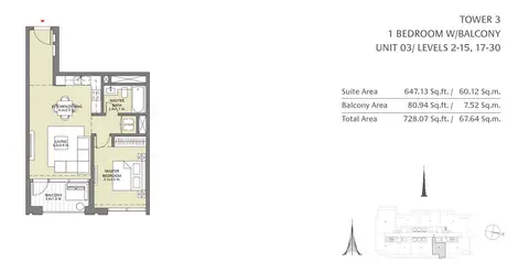 Downtown Views II: مخطط الطابق 1BD-W-B-Unit-3-L2-15-17-30, 728 sq ft